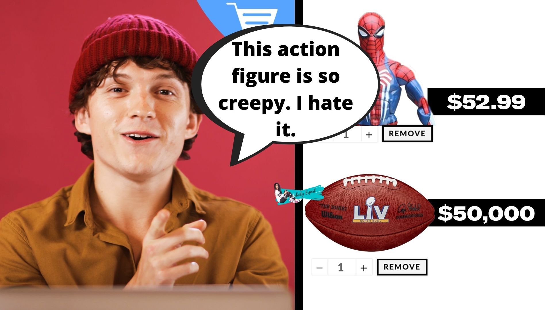 tom holland reacting to his action figures