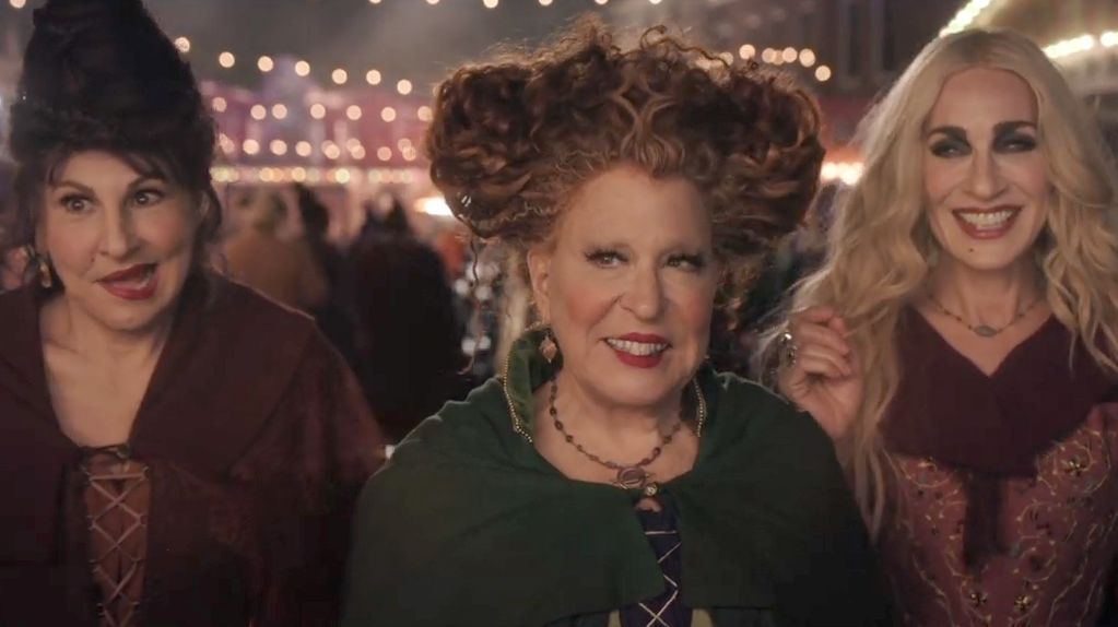 Sarah Jessica Parker as Sarah Sanderson, Bette Midler as Winifred Sanderson, and Kathy Najimy as Mary Sanderson in Hocus Pocus 2.