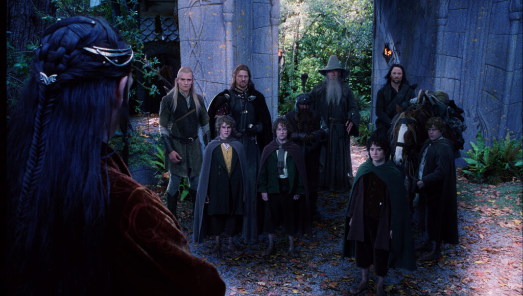Sean Astin, Sean Bean, Elijah Wood, Viggo Mortensen, Ian McKellen, Orlando Bloom, Billy Boyd, Dominic Monaghan, John Rhys-Davies, and Hugo Weaving in The Lord of the Rings: The Fellowship of the Ring (2001)