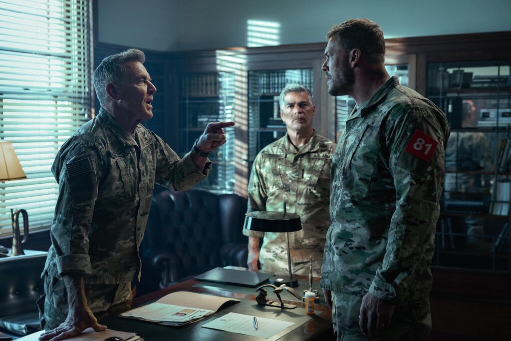 Dennis Quaid, Esai Morales, and Alan Ritchson in War Machine (2026)