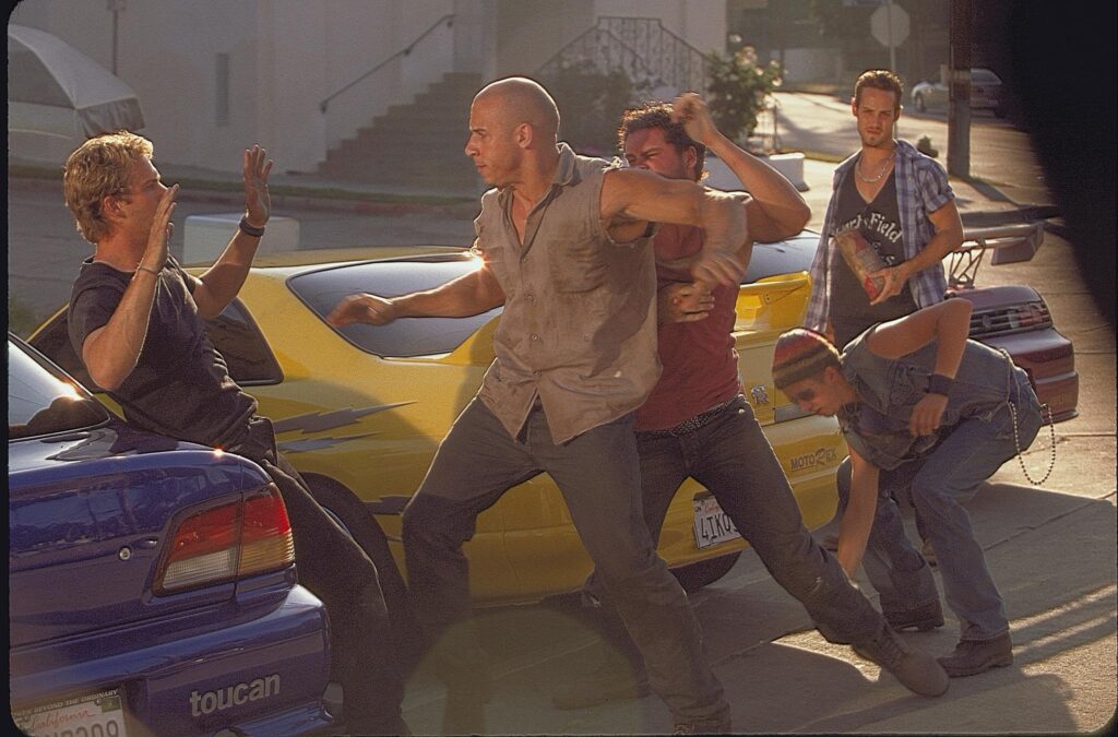 Vin Diesel, Chad Lindberg, Johnny Strong, and Paul Walker in The Fast and the Furious (2001)