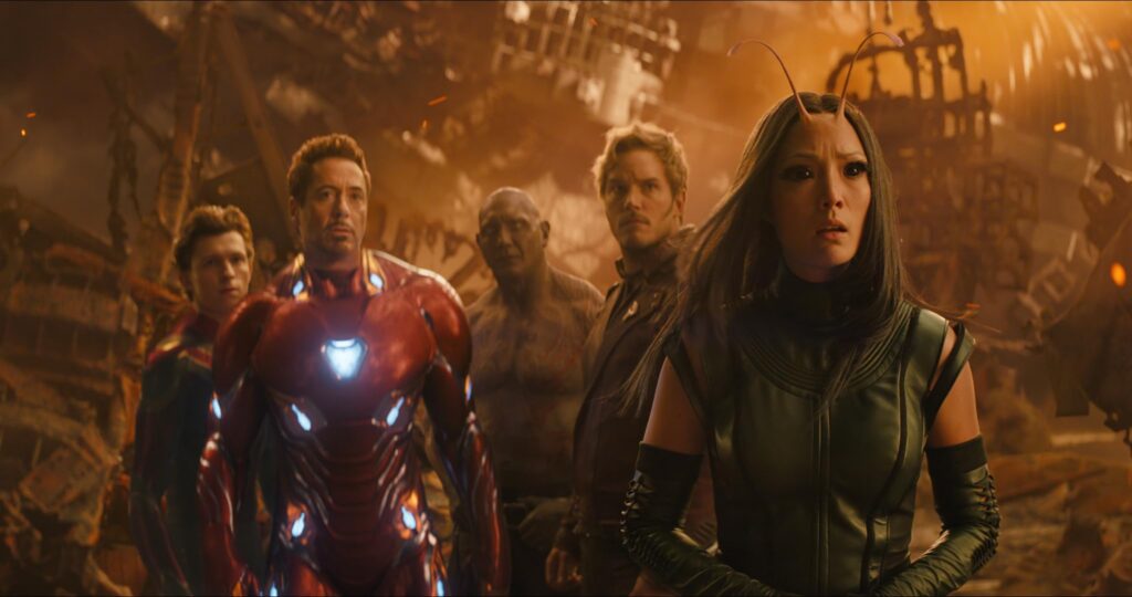 Vin Diesel, Chris Pratt, Dave Bautista, Karen Gillan, Pom Klementieff, and Austin Freeman in Guardians of the Galaxy Vol. 3 (2023)