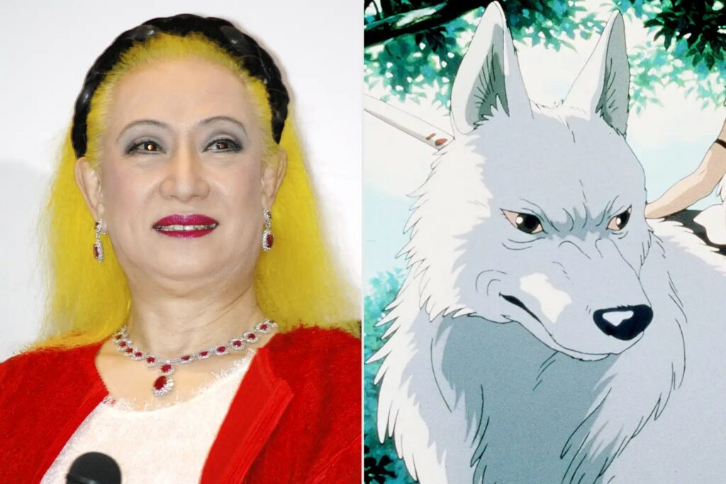 Left: woman with bright yellow hair, red outfit and jewelry; right: illustrated white/gray wolf in a forested background.