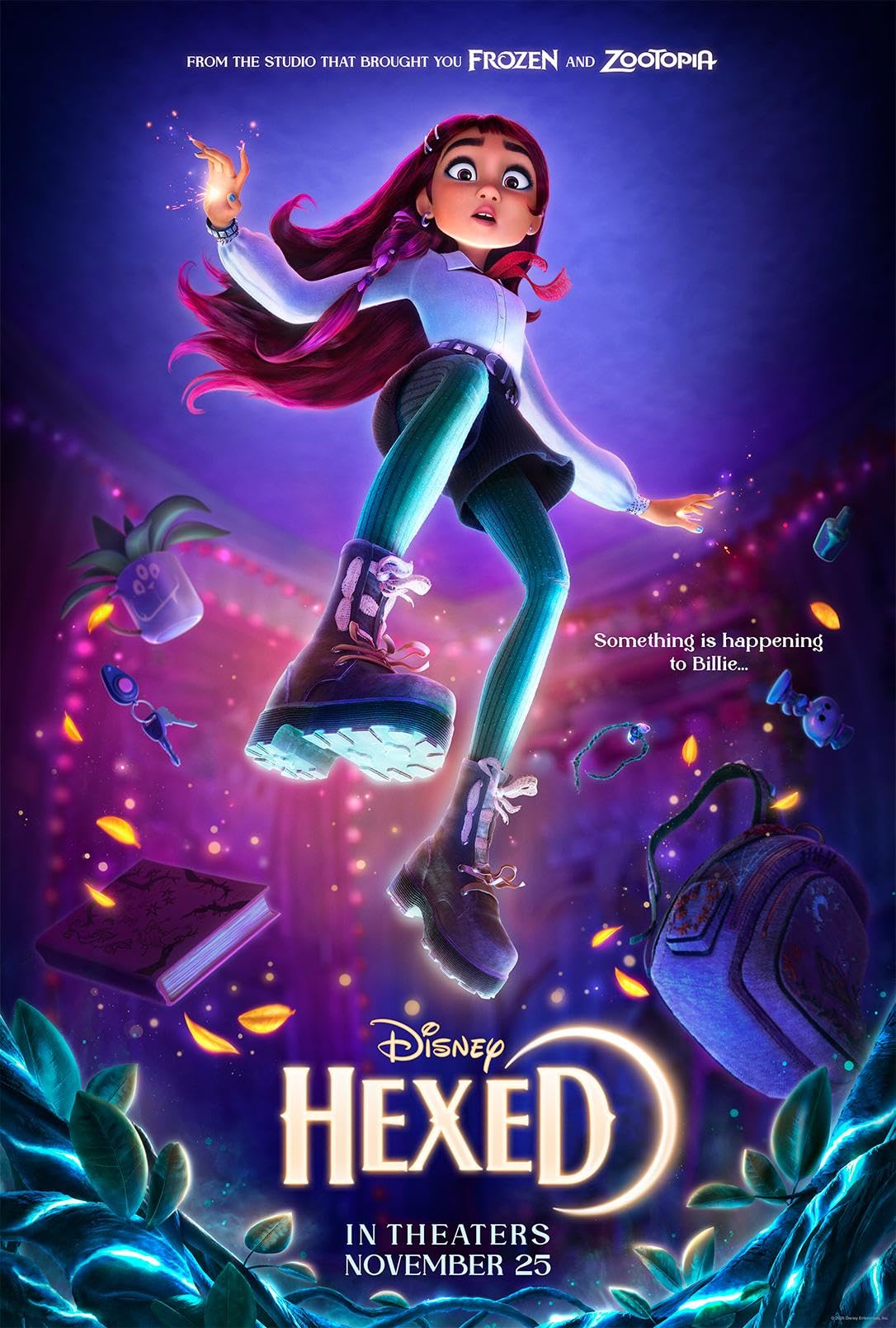 Animated poster of a girl with magenta hair jumping mid-air, surrounded by floating items for Disney's Hexed poster.