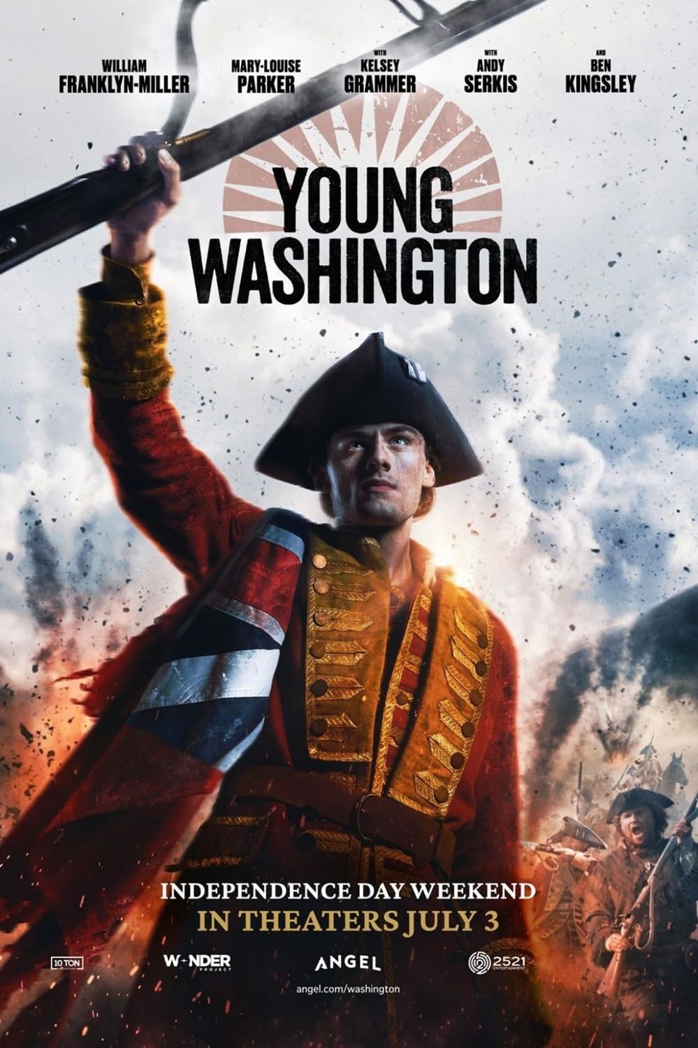 Poster for Young Washington: a Revolutionary War soldier in a red coat raises a musket amid smoke and battle light.