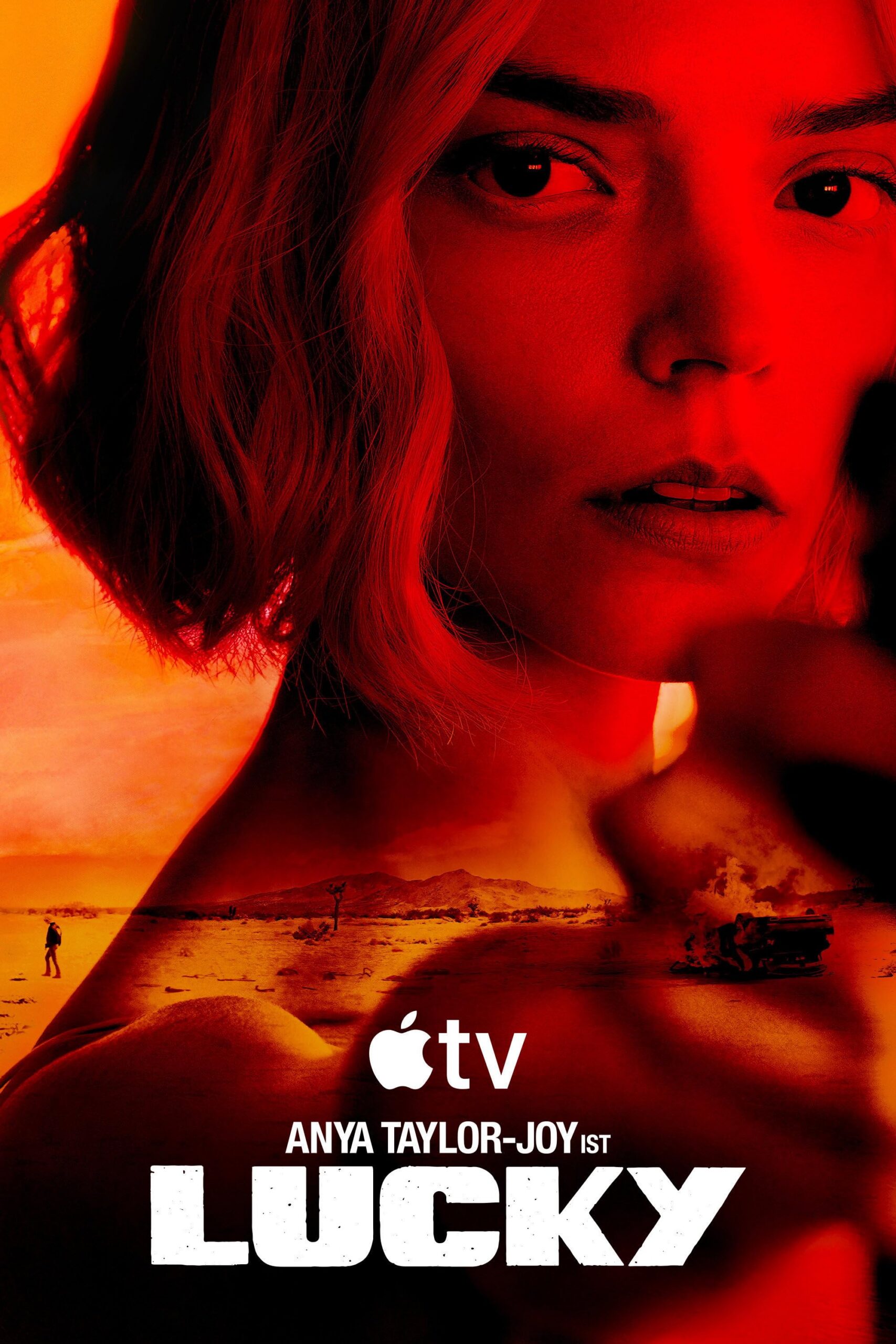 Close-up of a woman's face bathed in red light with a desert scene and the title LUCKY at the bottom.