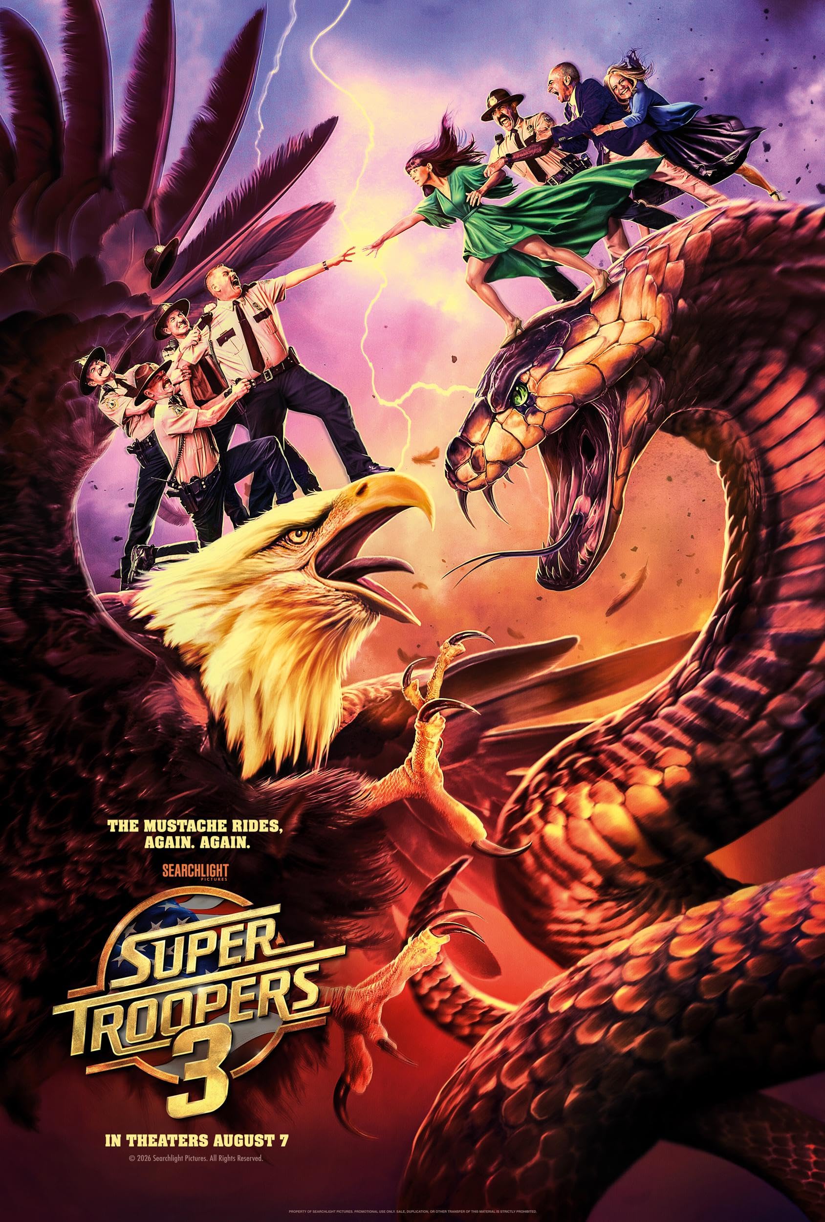 Poster for Super Troopers 3 featuring police officers clinging to a dragon as a woman in green reaches toward them, with lightning in a fiery sky.