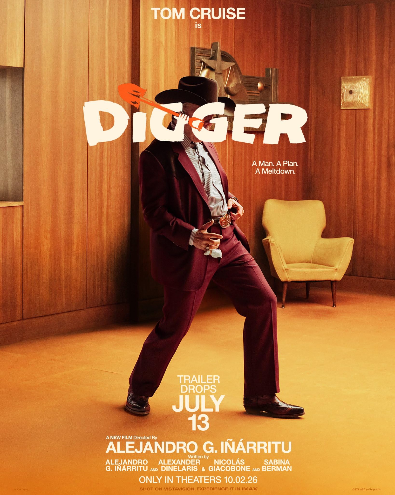 Promotional poster for the film Digger featuring Tom Cruise in a burgundy suit and cowboy hat against wood paneling.