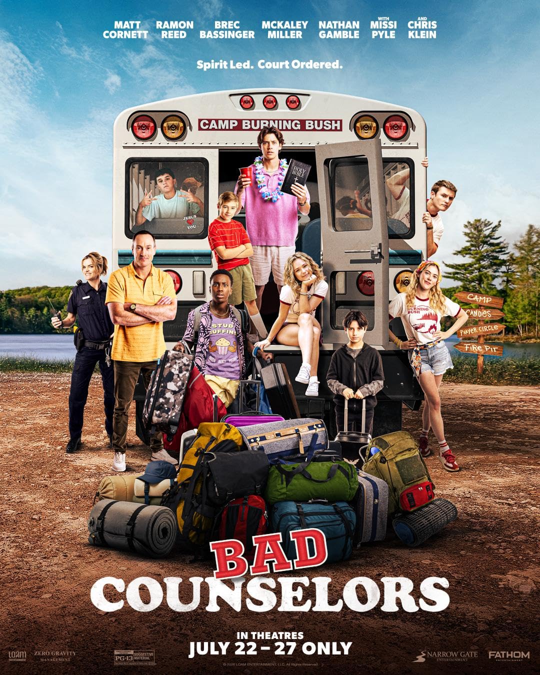 Poster for the comedy Bad Counselors featuring a bus full of teens and adults posing with piled luggage on a dirt road outside.