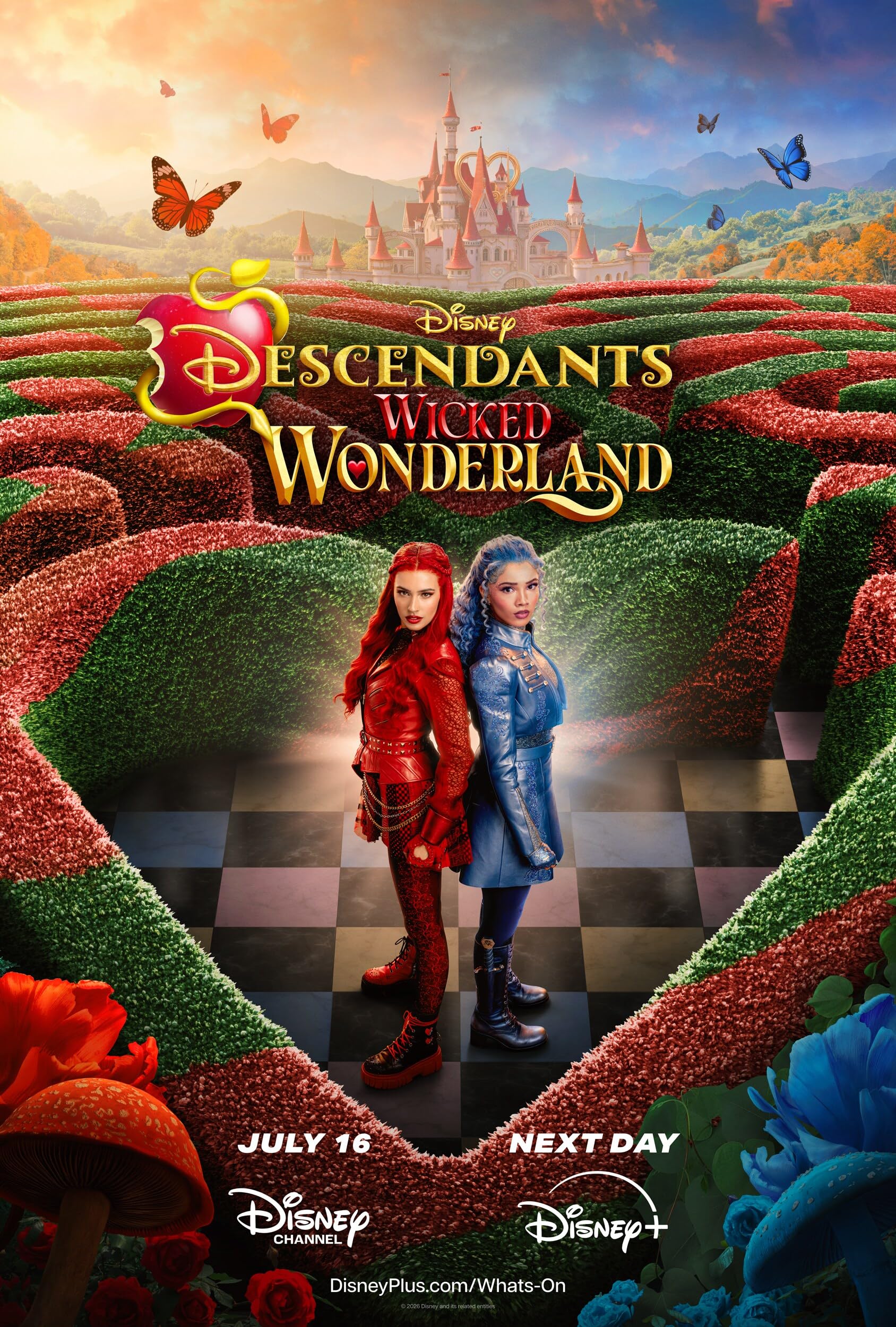Disney Descendants: Wicked Wonderland poster with two heroines in red and blue outfits in a colorful hedge maze and castle backdrop.