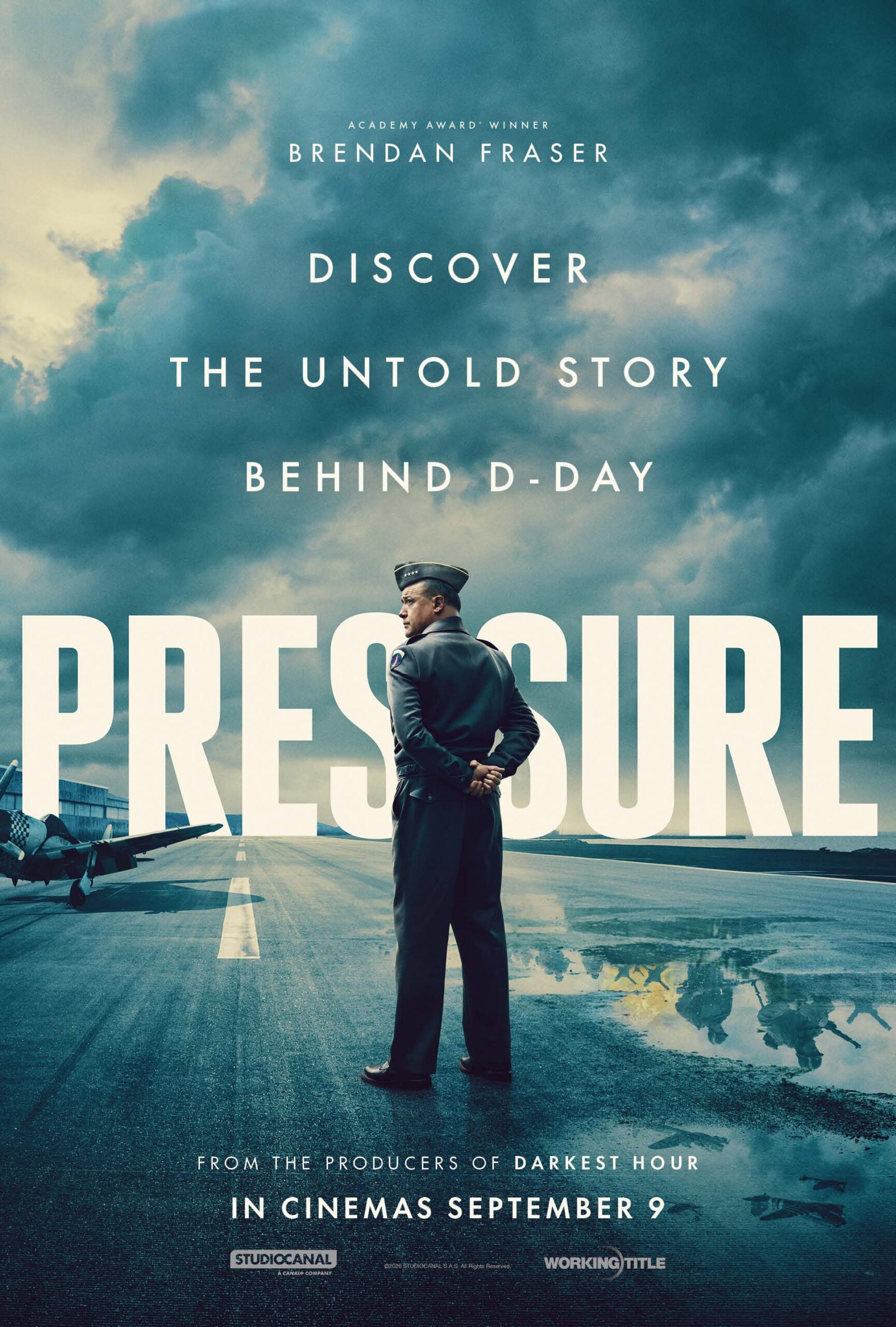 Military poster: a uniformed officer stands on an empty runway under a cloudy sky, with bold text across the top and bottom reading about D-Day and a film title.