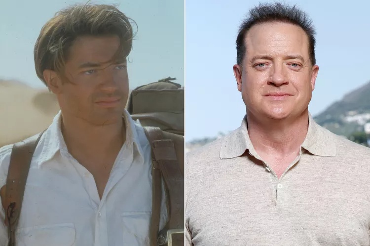 Split image: left panel shows a young man with a backpack in a desert; right panel shows an older man in a light polo shirt by hills/coast (before/after).