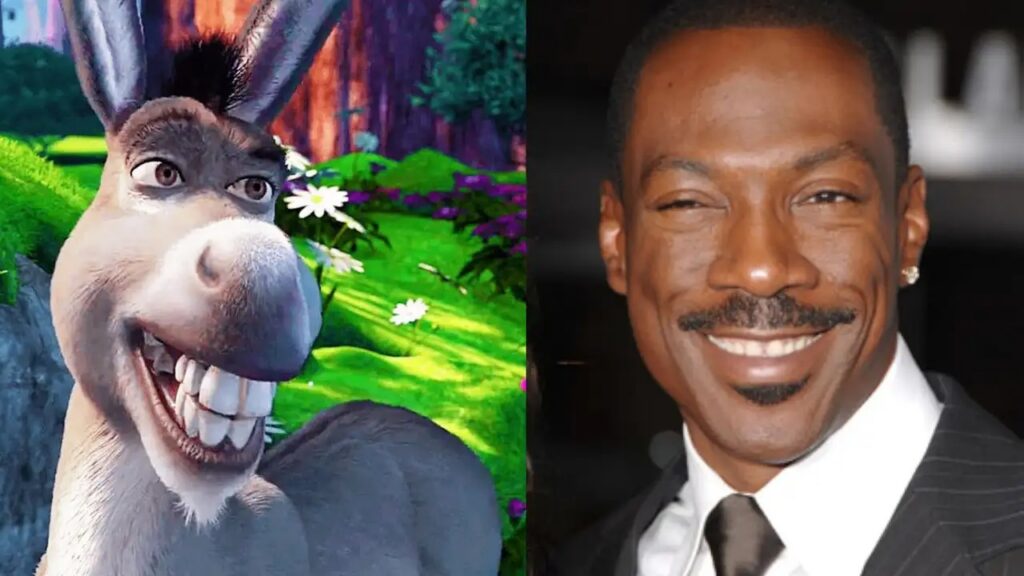 Left: animated donkey character in a bright forest scene; right: smiling man in a dark suit and tie at a formal event.