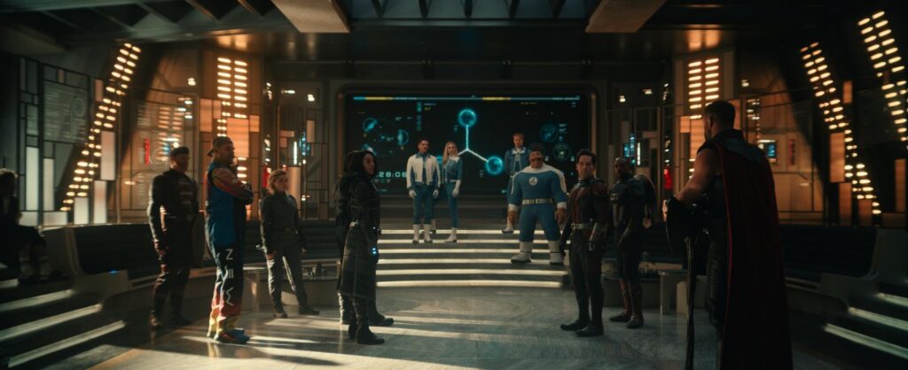Pedro Pascal, Ebon Moss-Bachrach, Paul Rudd, Wyatt Russell, John Walker, David Harbour, Anthony Mackie, Chris Hemsworth, Matthieu Boulanger, Ben Grimm, Bismark, Sebastian Stan, Vanessa Kirby, Hannah John-Kamen, Joseph Quinn, and Florence Pugh in Avengers: Doomsday (2026)