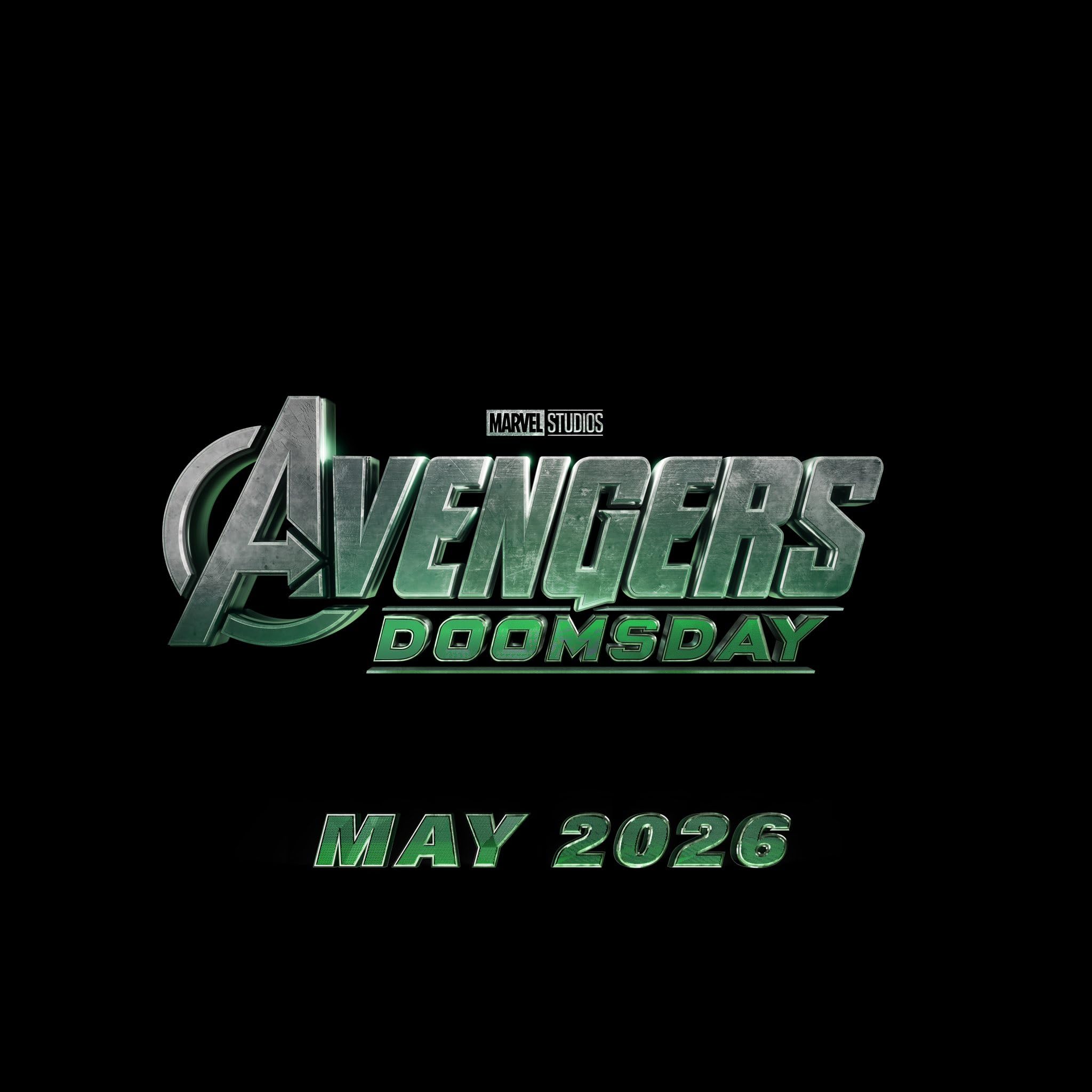 Promotional poster for Marvel's Avengers: Endgame with a large metallic title and a May 2026 release date on a black background.