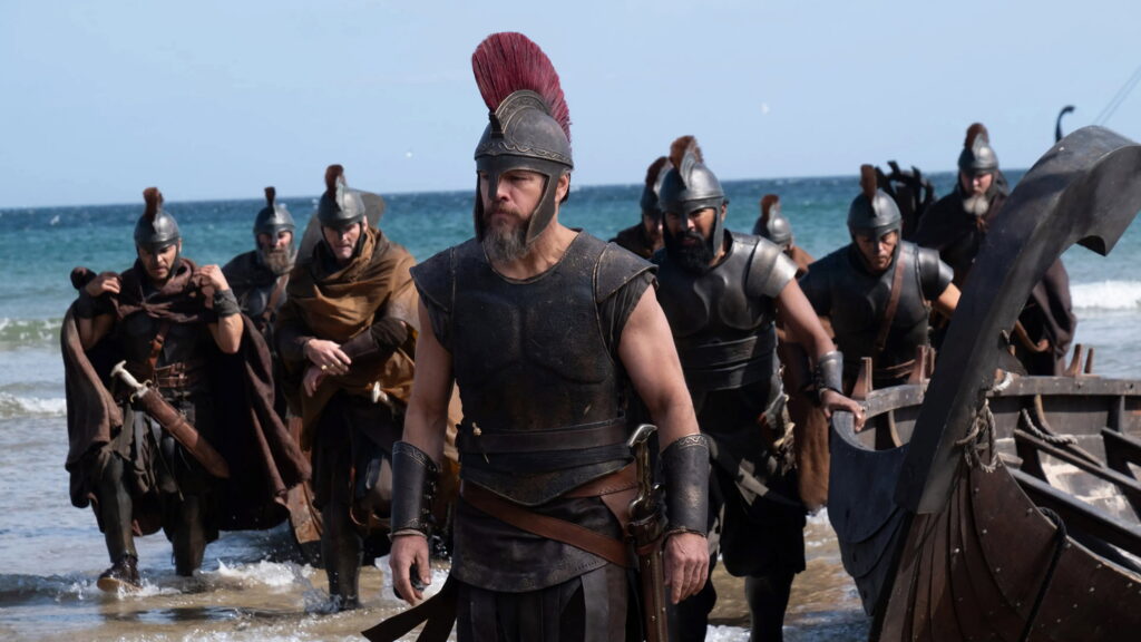 Matt Damon, Andrew Howard, and Himesh Patel in The Odyssey (2026)