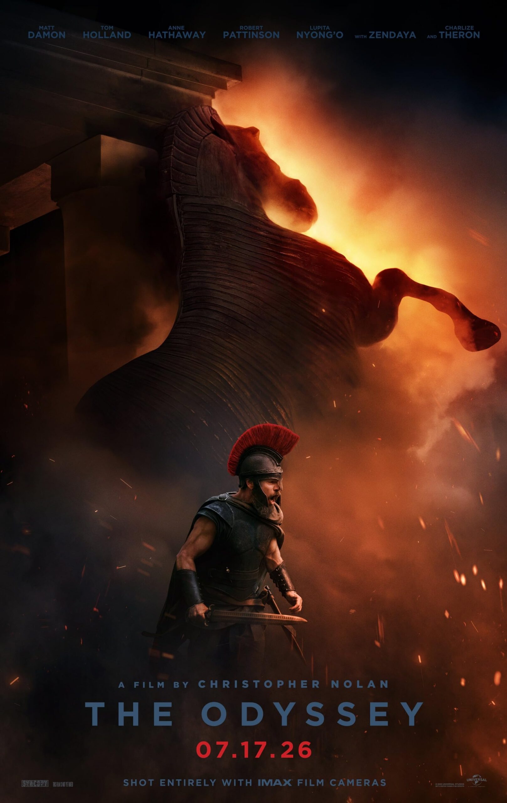 Dramatic poster for The Odyssey: a burning wooden horse looms over a Spartan warrior in armor at night; credits and release date 07.17.26.