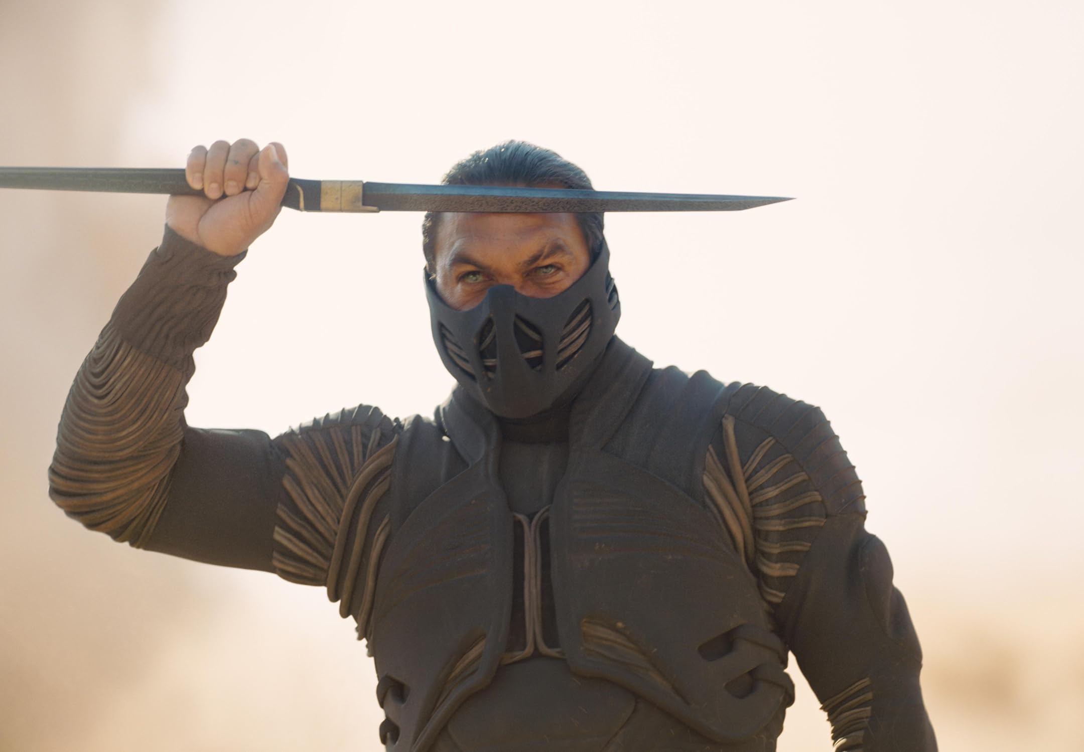 Armored person with a protective mask raises a long sword overhead, ready to strike in a dramatic action pose.