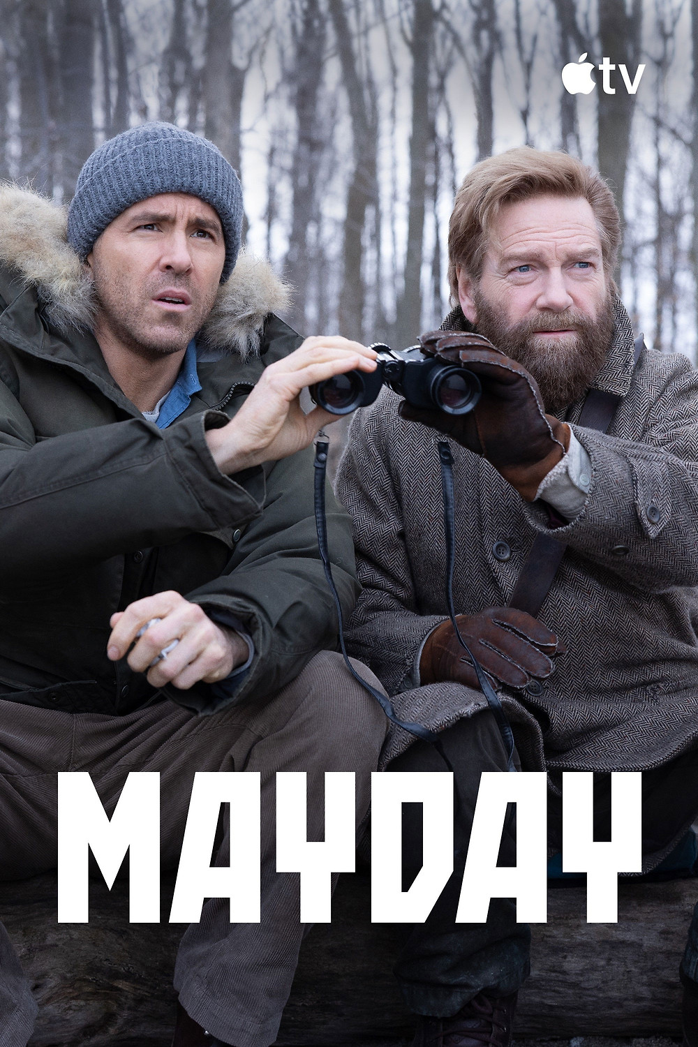 Two men in winter jackets use binoculars in a snowy forest; Apple TV promo for Mayday with bold title at bottom.
