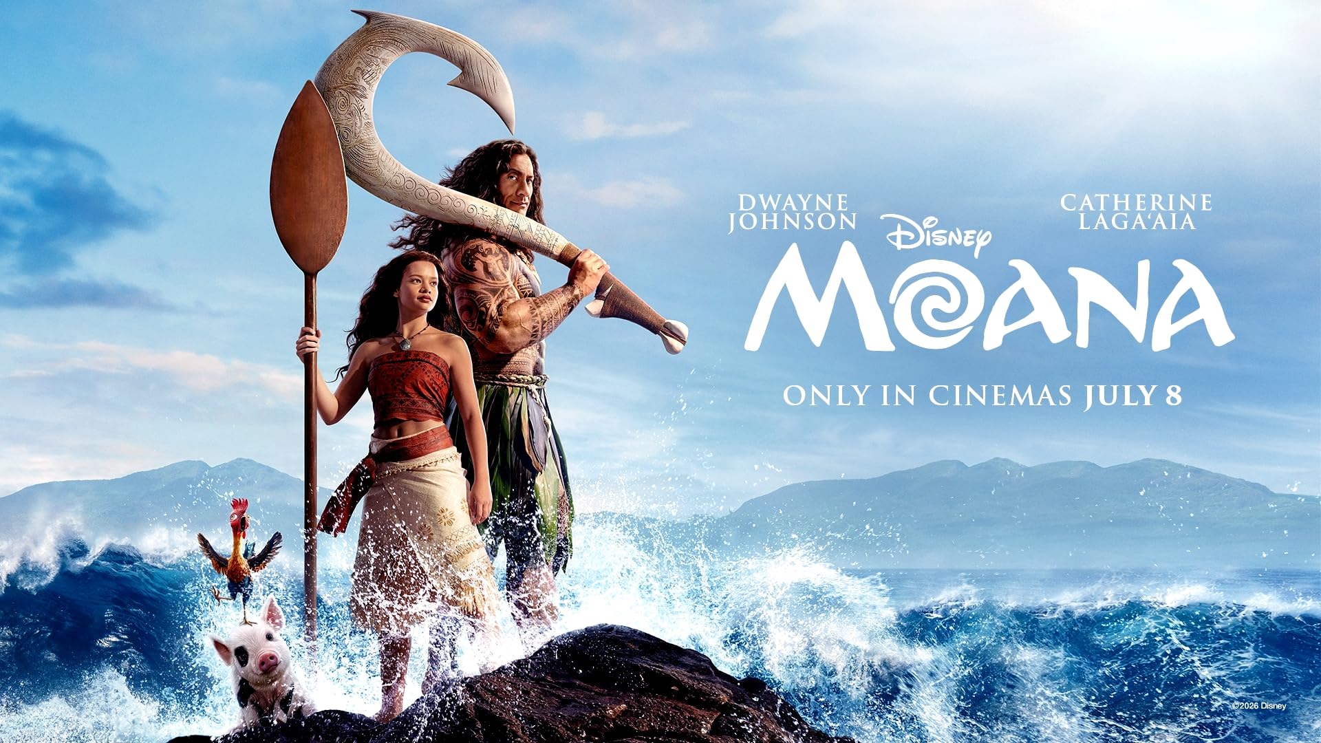 Moana and Maui stand on rocks amid large ocean waves holding a giant carved oar, with Pua the pig nearby; the Moana poster is shown.