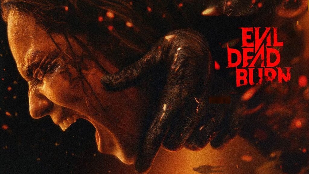 Close-up of a terrified woman screaming as a dark hand grips her neck, with a red 'EVIL DEAD' title in the background.