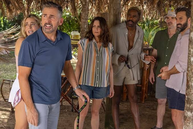 Erica Henningsen as Ginny, Steve Carell as Nick, Tina Fey as Kate, Colman Domingo as Danny, Will Forte as Jack, and Marco Calvani as Claude in Episode 104 of The Four Seasons. Credit : Francisco Roman/Netflix© 2024 