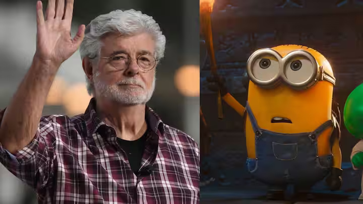 Split-screen image: an older man with white hair and glasses waving on the left, and a yellow Minion in overalls on the right.