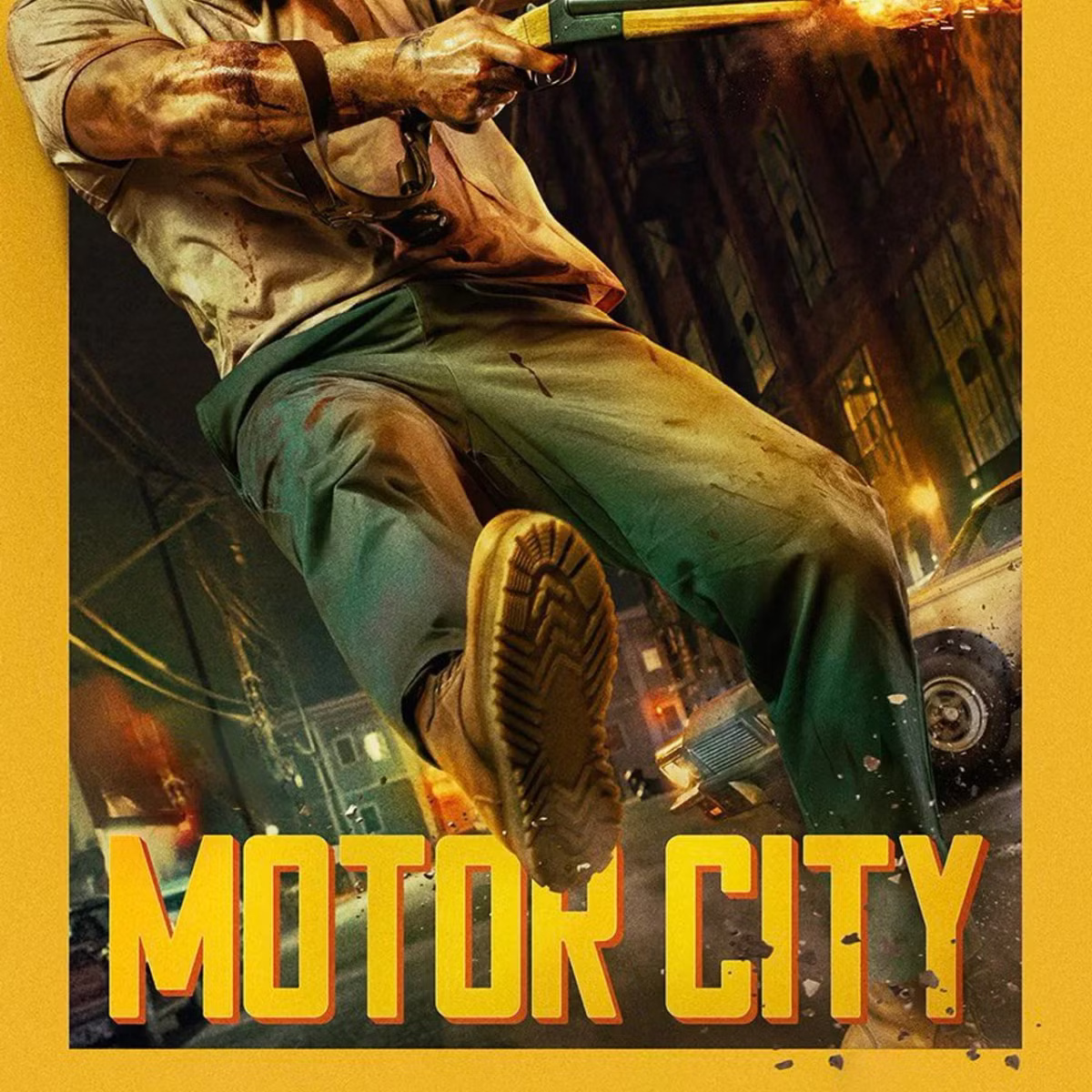 Action-packed poster: a dirt-stained man leaps forward, firing a weapon with flames, in a gritty urban alley; bold orange MOTOR CITY text across the bottom.