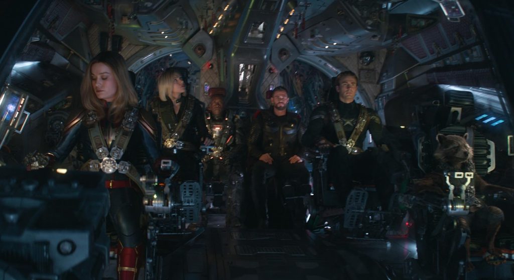Don Cheadle, Bradley Cooper, Chris Evans, Sean Gunn, Scarlett Johansson, Brie Larson, and Chris Hemsworth in Avengers: Endgame (2019)